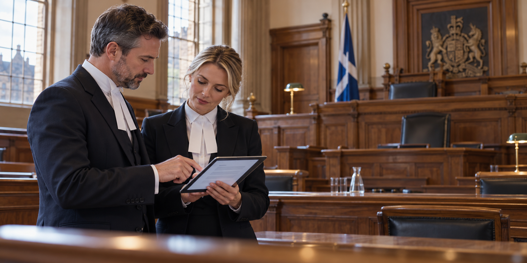 Illustrative concept of solicitors reviewing a digital court bundle on a tablet in a courtroom